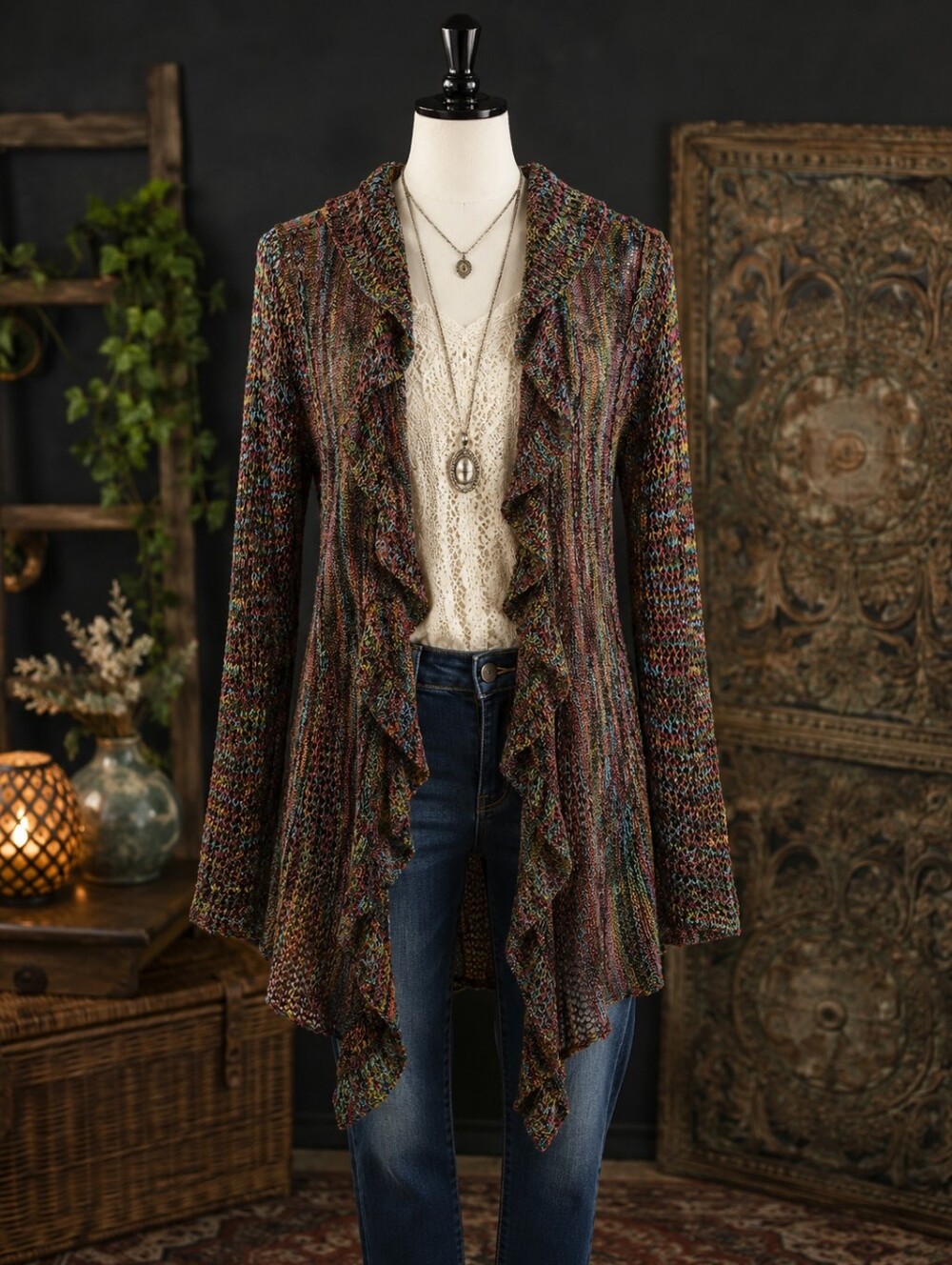 Dressbarn 18/20 Multicolor Open Knit Waterfall Ruffle Cardigan Boho